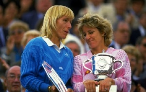 May-Jun 1986:  Martina Navratilova (left) of the USA chats with Chris Evert also of the USA as they hold their respective trophies after the Womens Singles final during the French Open at Roland Garros in Paris.  Mandatory Credit: Allsport UK /Allsport